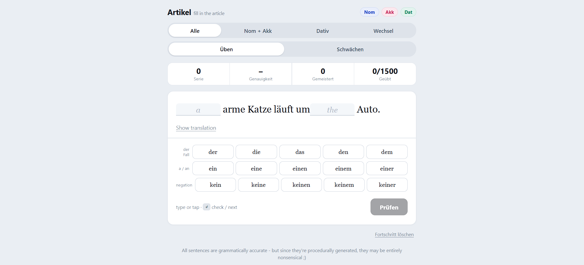 Artikel sentence trainer screenshot